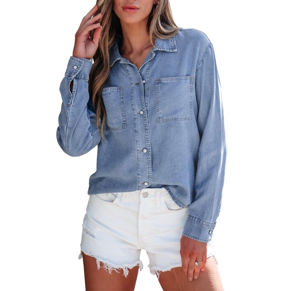 Denim Button-Down Shirt, Large, 3E-208T002